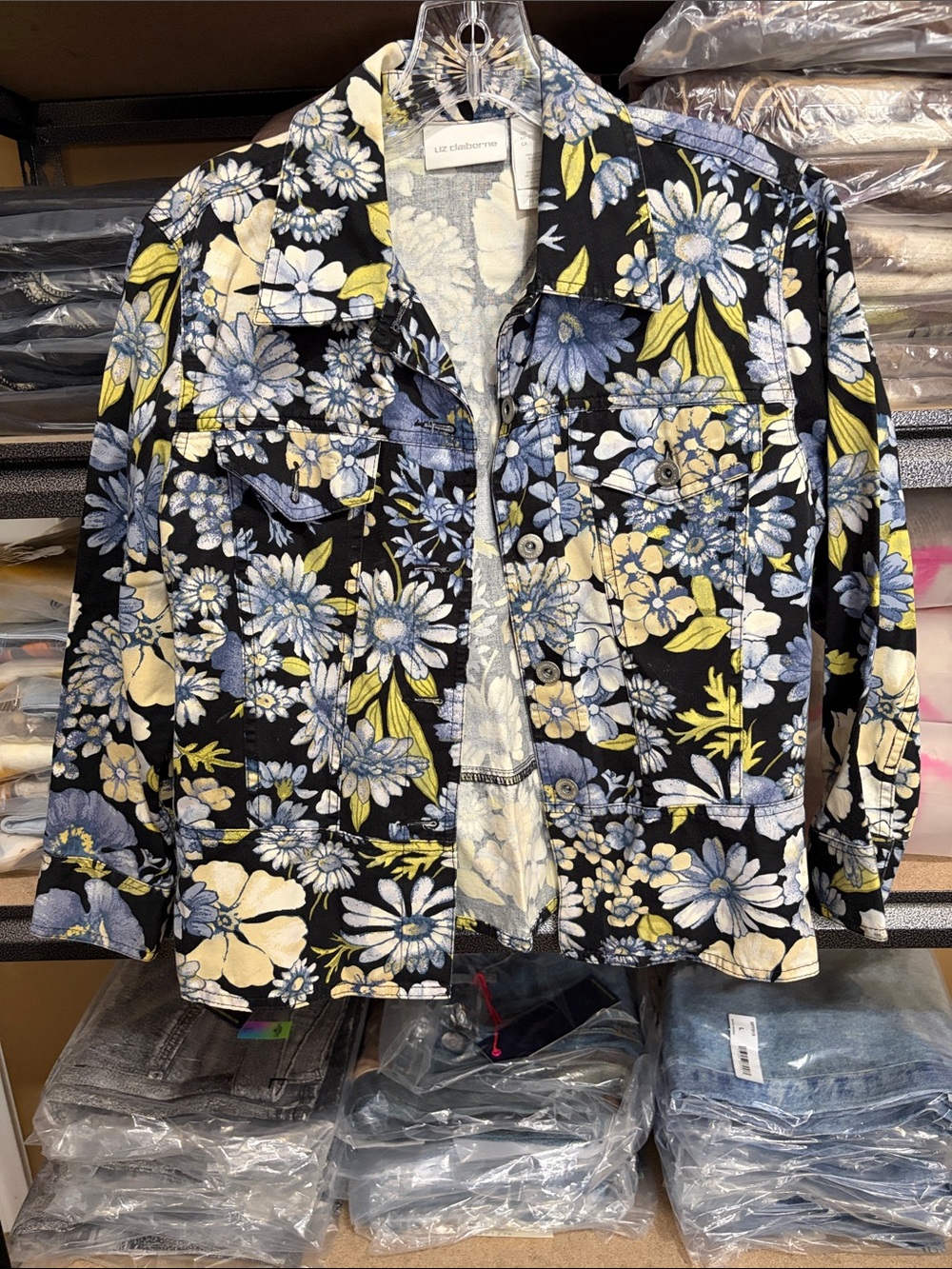 Liz Claiborne Black Floral Utility Jacket - Blue & Yellow Flowers